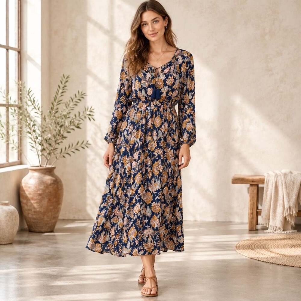 Knox Rose Long Sleeve Floral Maxi Dress Size L Navy Blue Boho
